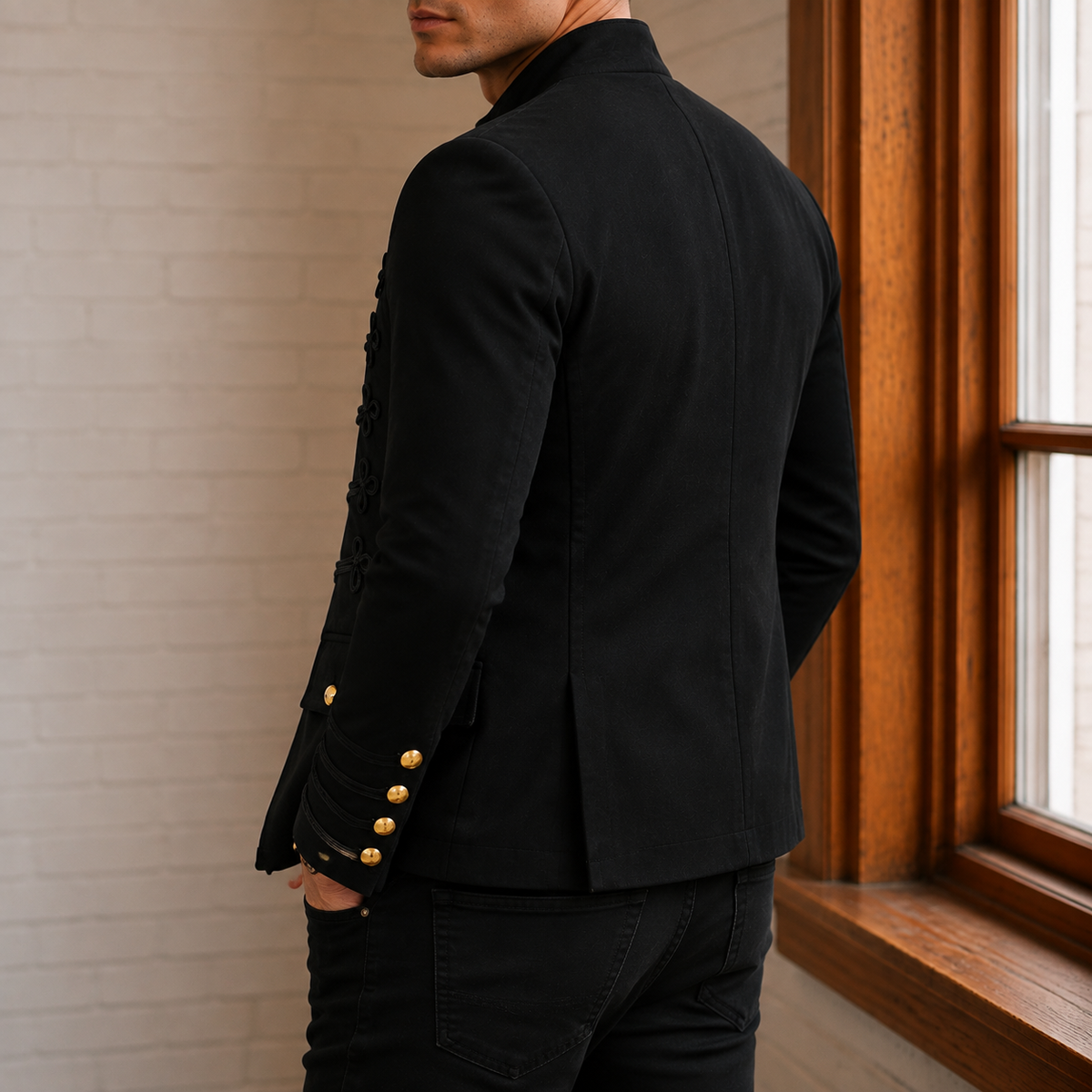 Military Jacket additional view 2 showing the gold-tone buttons and stand collar
