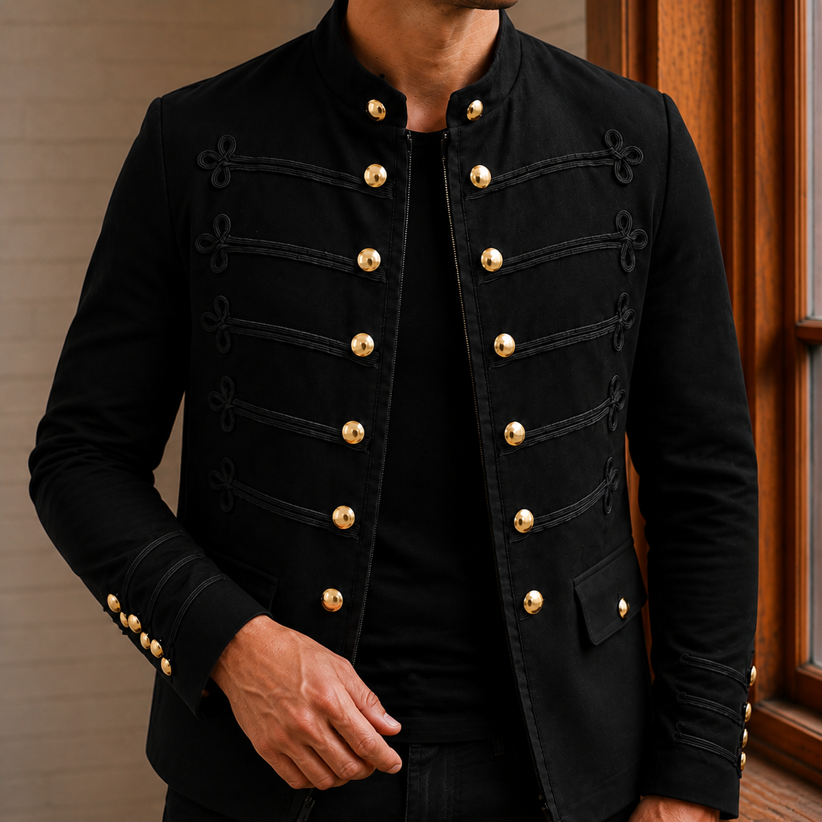 Military Jacket additional view 3 showing the gold-tone buttons and stand collar