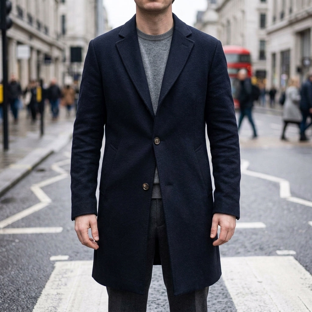 Overcoat in Black showing the notched tailored collar and longline silhouette