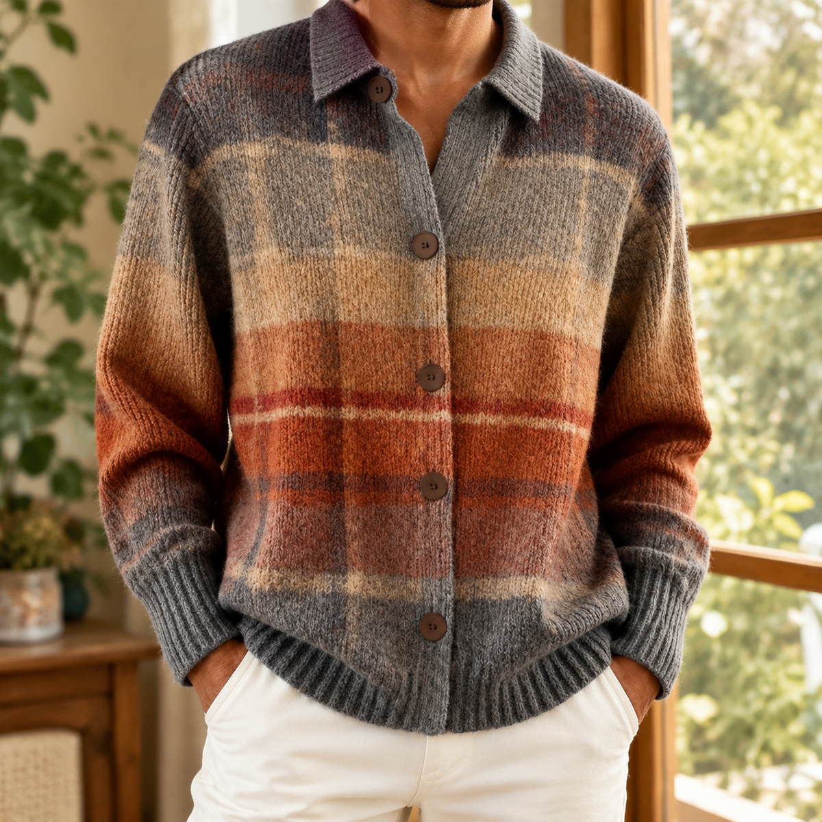 Men's Ombre Plaid Cardigan | Collared Textured Button Front - image 1