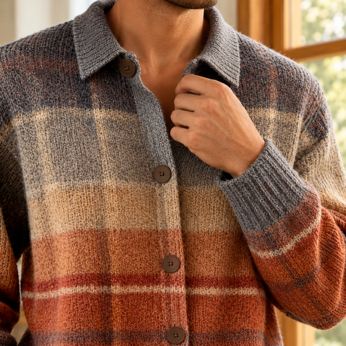 Men's Ombre Plaid Cardigan | Collared Textured Button Front - image 2