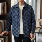 Denim Jacket in Blue showing the tonal patchwork texture and flap chest pockets
