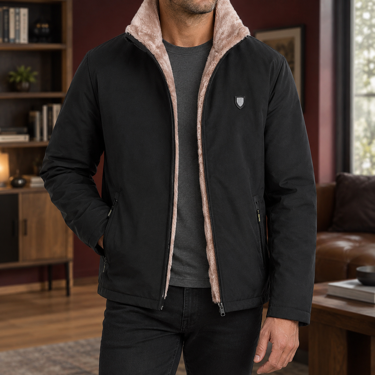 Pile Lined Jacket in Black showing the plush pile lining and zipped side pockets.