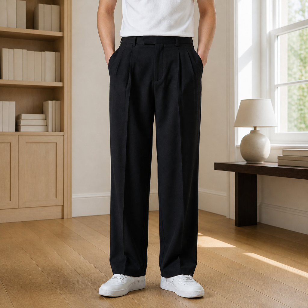 Black mens pleated pants with a high waistband and wide straight legs, worn with white sneakers.