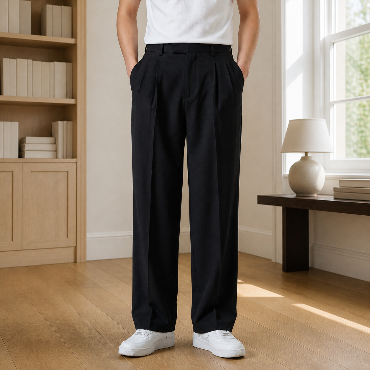 Black mens pleated pants with a high waistband and wide straight legs, worn with white sneakers.