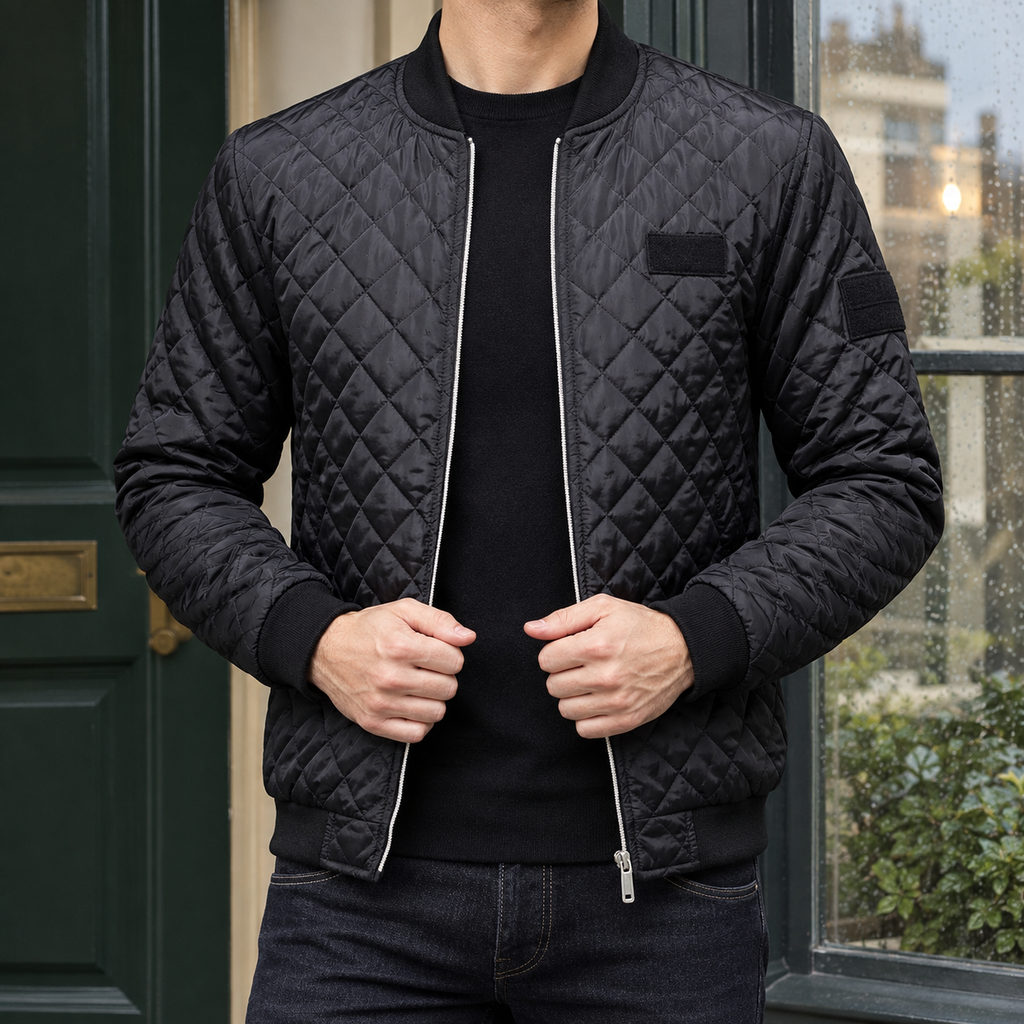 Quilted Bomber Jacket in Black showing the diamond quilting and ribbed bomber trims.