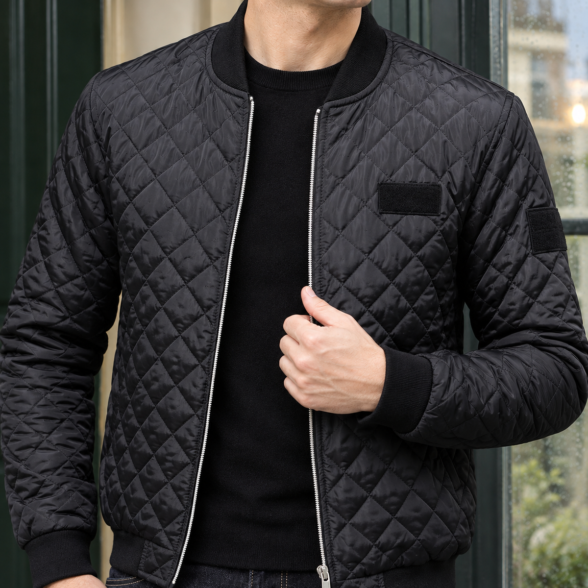 Quilted Bomber Jacket detail view 2 showing the diamond quilting and ribbed bomber trims.