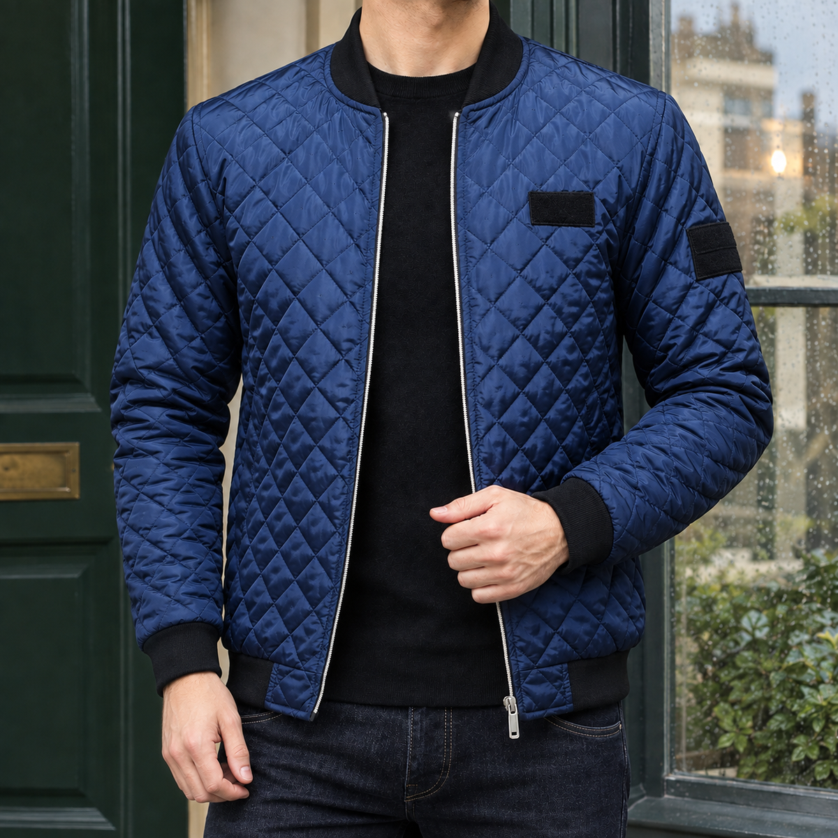 Quilted Bomber Jacket in Navy showing the diamond quilting and ribbed bomber trims.