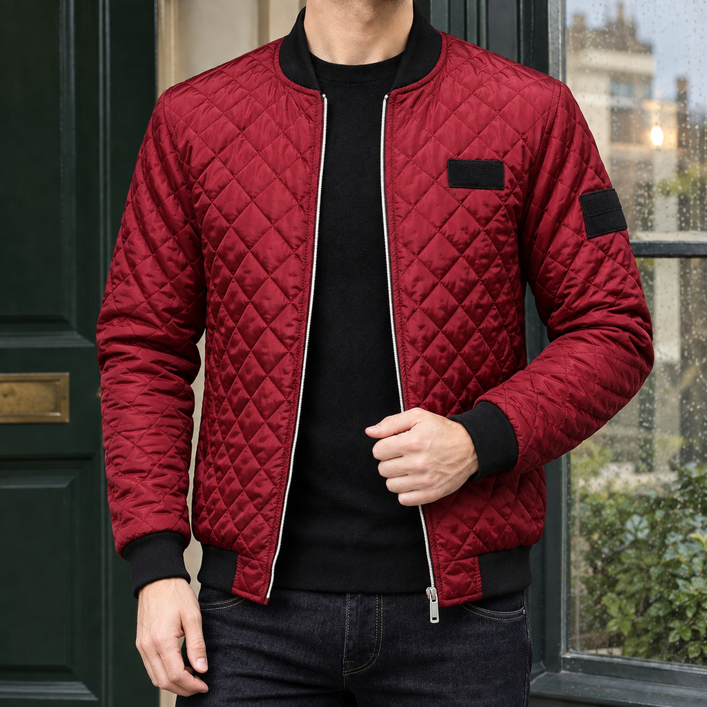 Quilted Bomber Jacket in Wine Red showing the diamond quilting and ribbed bomber trims.