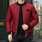 Quilted Bomber Jacket in Wine Red showing the diamond quilting and ribbed bomber trims.
