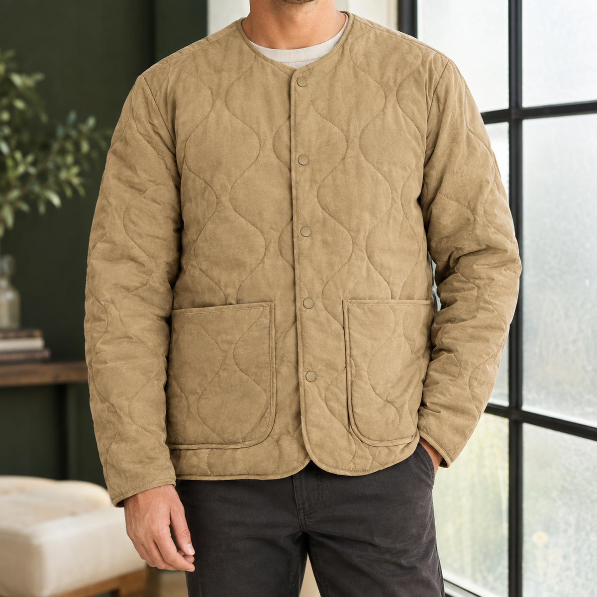 Quilted Jacket in Khaki showing the soft quilting, collarless neckline, and patch pockets.