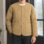 Quilted Jacket in Tan showing the cotton-lined quilting, snap front, and patch pockets.