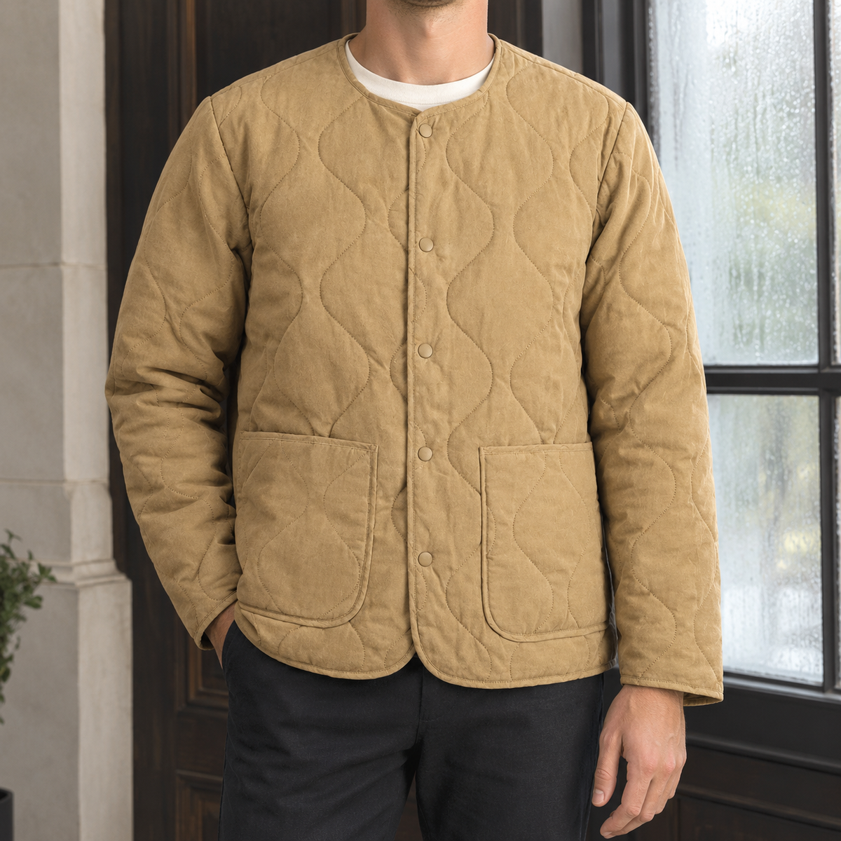 Quilted Jacket in Tan showing the cotton-lined quilting, snap front, and patch pockets.