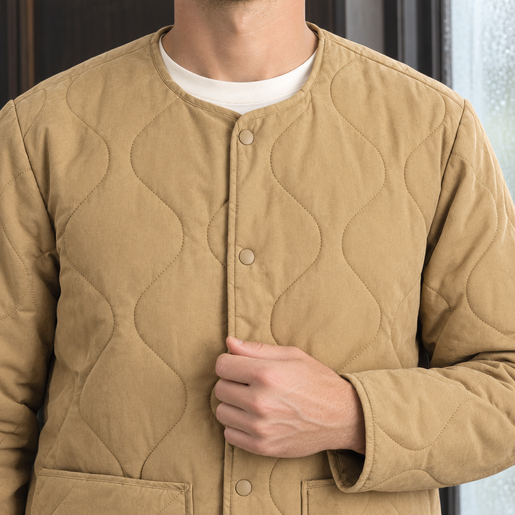 Quilted Jacket detail view 2 showing the cotton-lined quilting, snap front, and patch pockets.