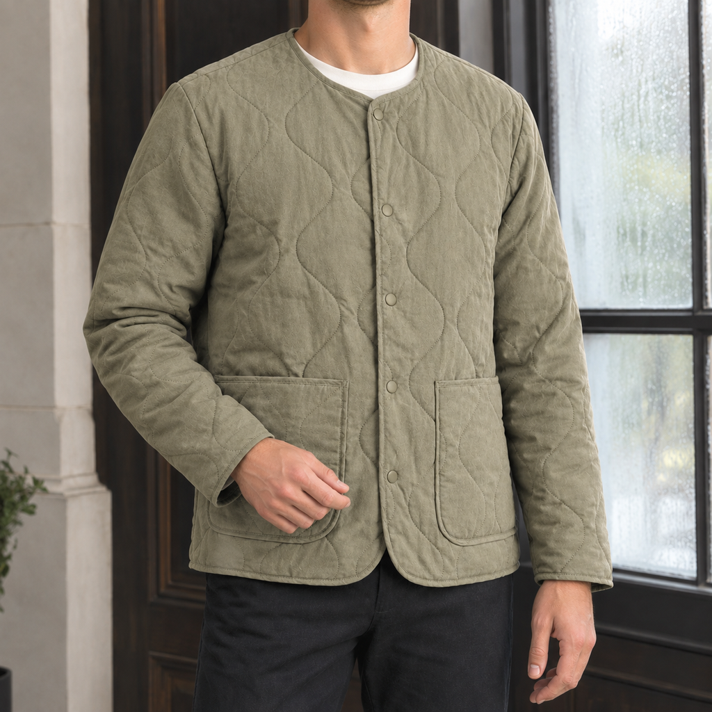 Quilted Jacket in Army Green showing the cotton-lined quilting, snap front, and patch pockets.