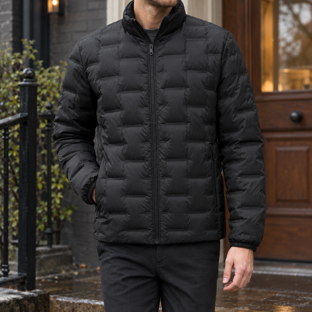 Quilted Jacket in Black showing the rectangular quilting and high stand collar.