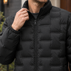 Quilted Jacket detail view 2 showing the rectangular quilting and high stand collar.