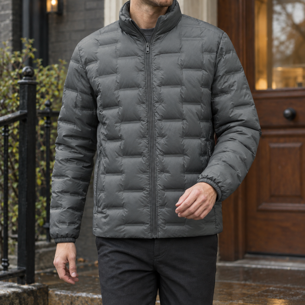 Quilted Jacket in Gray showing the rectangular quilting and high stand collar.
