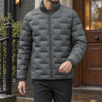 Quilted Jacket in Gray showing the rectangular quilting and high stand collar.