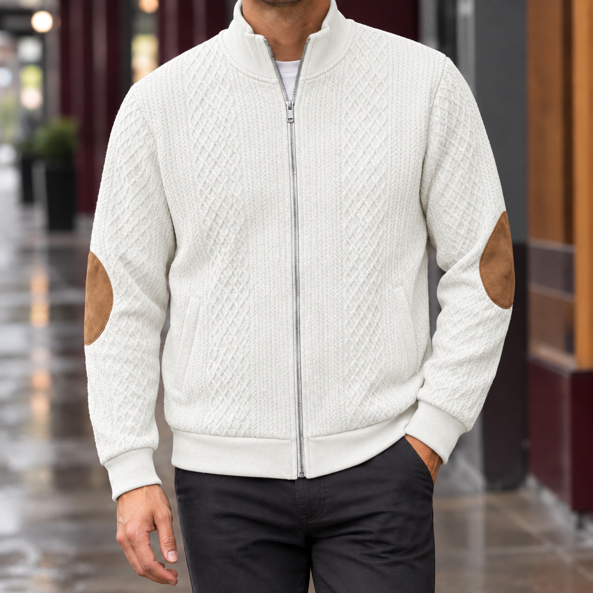 Quilted Jacket in White showing the diamond quilting, leather elbow patches, and ribbed trims.