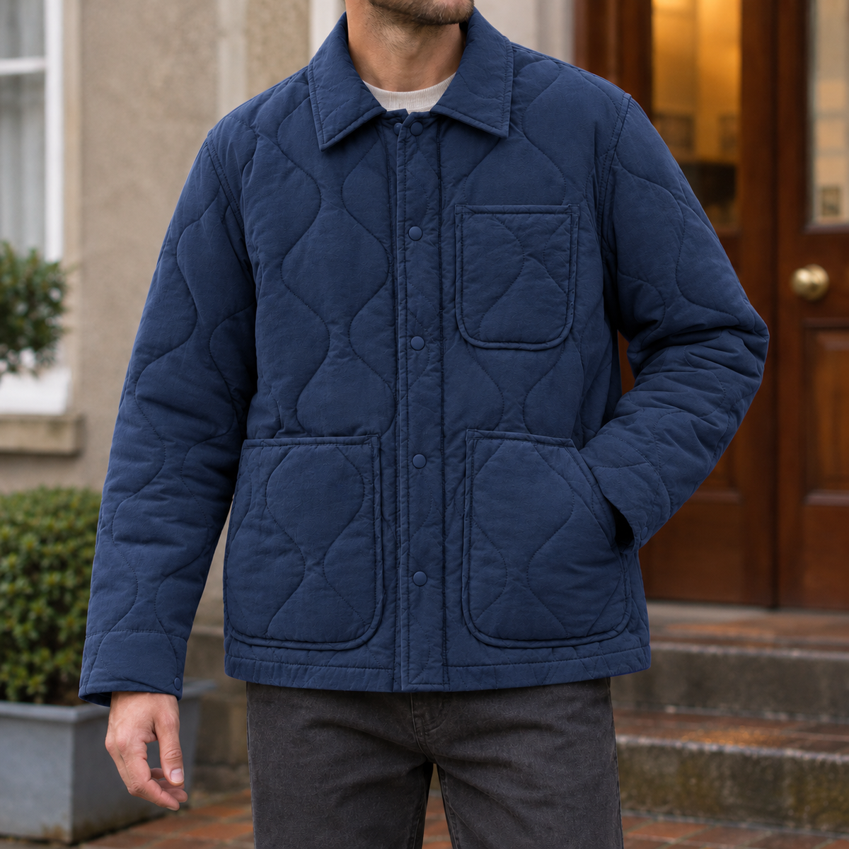 Quilted Jacket in Royal Blue showing the wave quilting and three patch pockets.