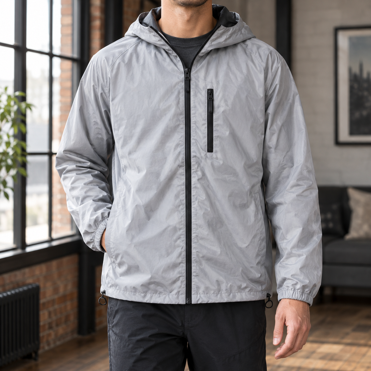 Reflective Hooded Jacket in Gray showing the reflective silver-gray finish, hood, and zipped chest pocket.