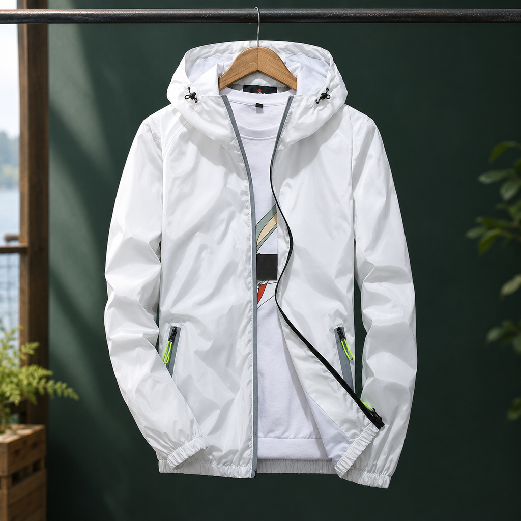 Reflective Jacket in Reflective White showing the reflective zip trim and drawcord hood