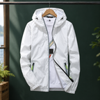 Reflective Jacket in Reflective White showing the reflective zip trim and drawcord hood