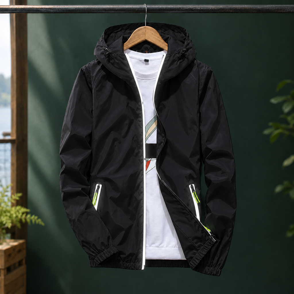 Reflective Jacket in Reflective Black showing the reflective zip trim and drawcord hood