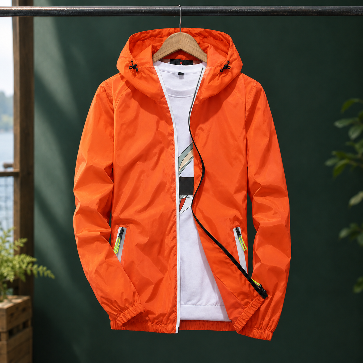 Reflective Jacket in Reflective Orange showing the reflective zip trim and drawcord hood