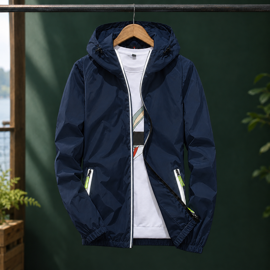 Reflective Jacket in Reflective Dark Blue showing the reflective zip trim and drawcord hood