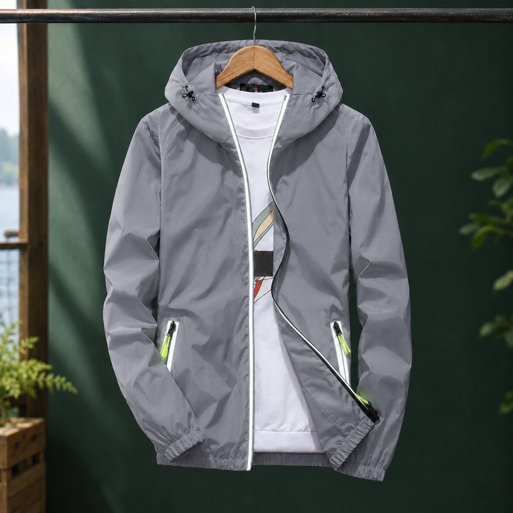 Reflective Jacket in Reflective Gray showing the reflective zip trim and drawcord hood