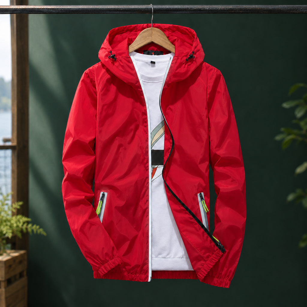 Reflective Jacket in Reflective Red showing the reflective zip trim and drawcord hood