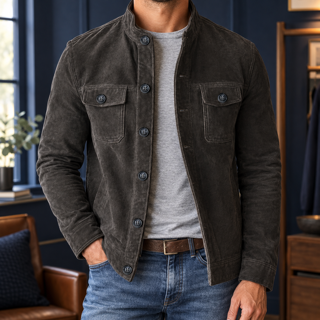Stand Collar Jacket in Dark Gray showing the soft brushed finish and twin chest pockets.