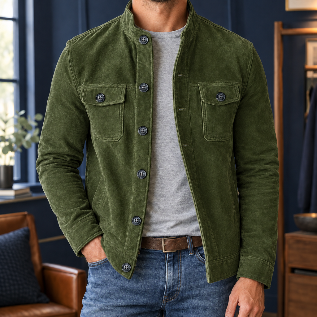Stand Collar Jacket in Army Green showing the soft brushed finish and twin chest pockets.
