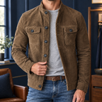 Stand Collar Jacket in Brown showing the soft brushed finish and twin chest pockets.