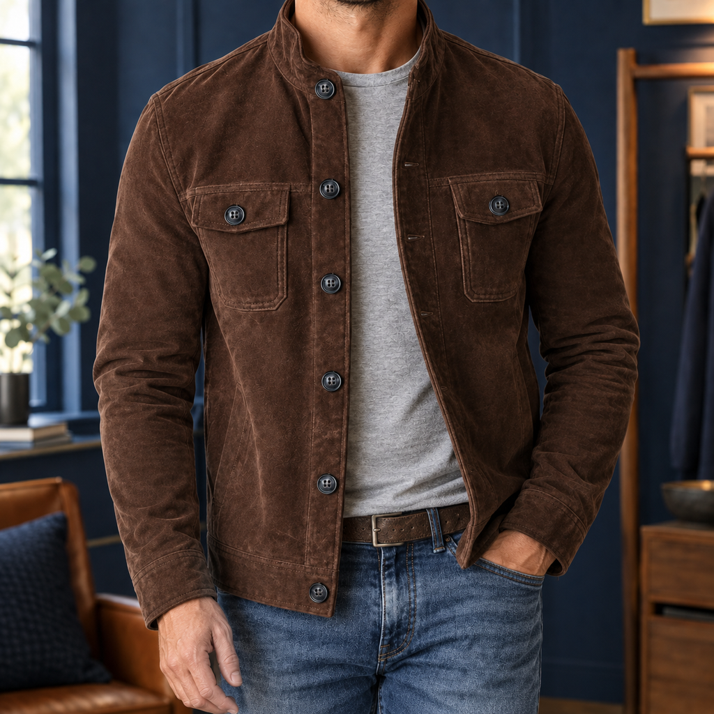 Stand Collar Jacket in Dark Brown showing the soft brushed finish and twin chest pockets.