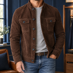 Stand Collar Jacket in Dark Brown showing the soft brushed finish and twin chest pockets.