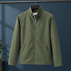 Stand Collar Jacket in Military Green showing the fitted shape and angled zip pocket.