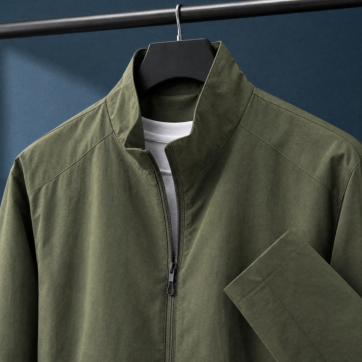 Stand Collar Jacket detail view 2 showing the fitted shape and angled zip pocket.