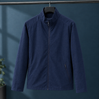 Stand Collar Jacket in Navy Blue showing the fitted shape and angled zip pocket.