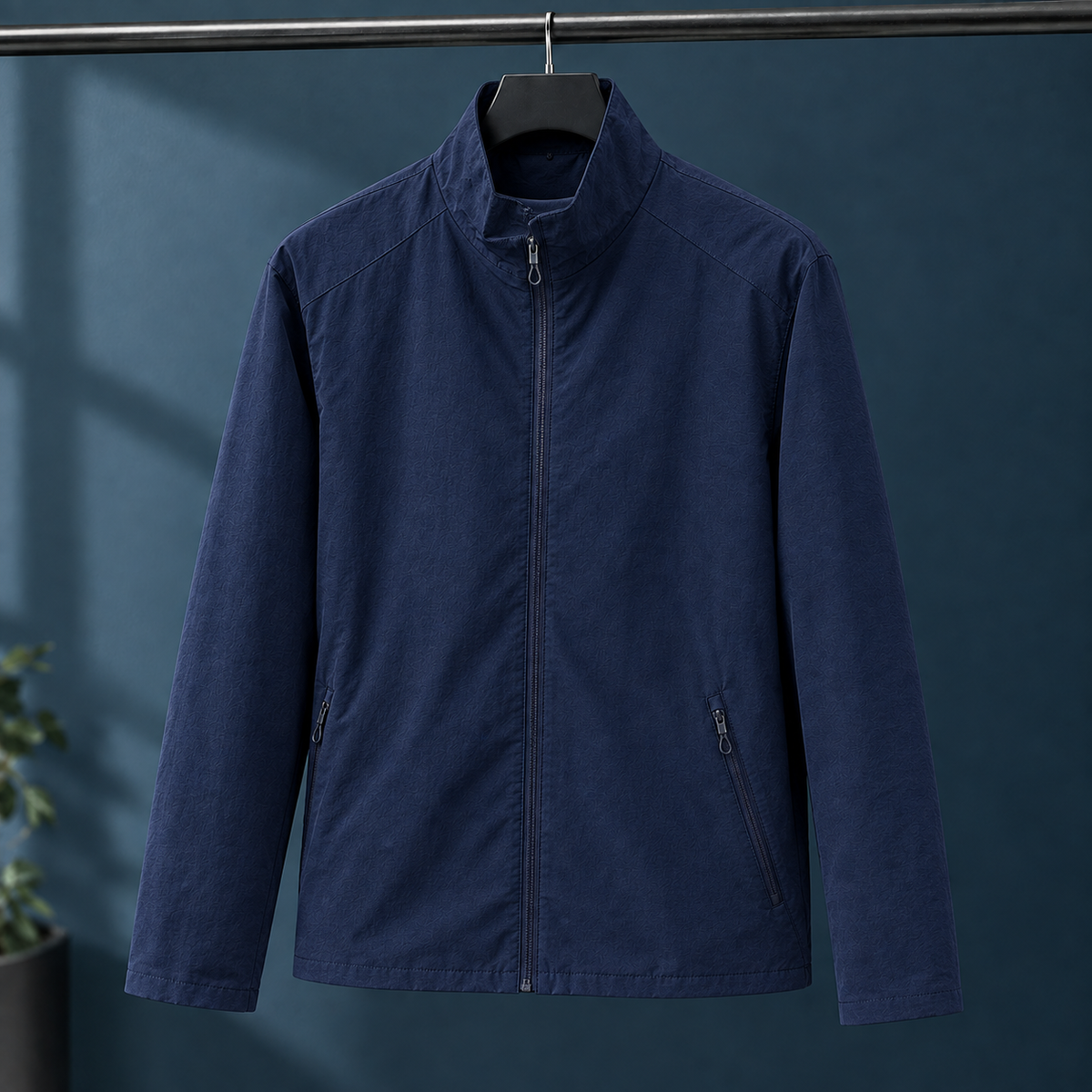 Stand Collar Jacket in Navy Blue showing the fitted shape and angled zip pocket.