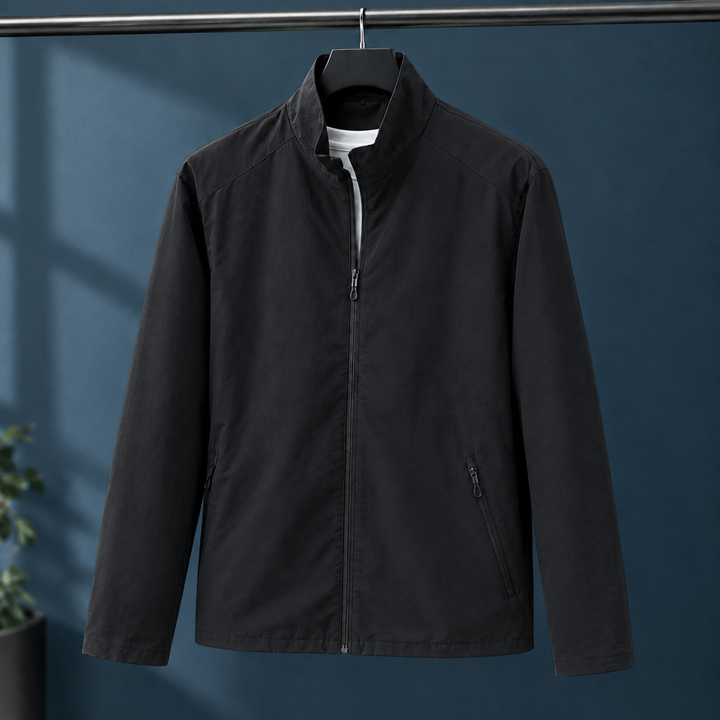 Stand Collar Jacket in Black showing the fitted shape and angled zip pocket.