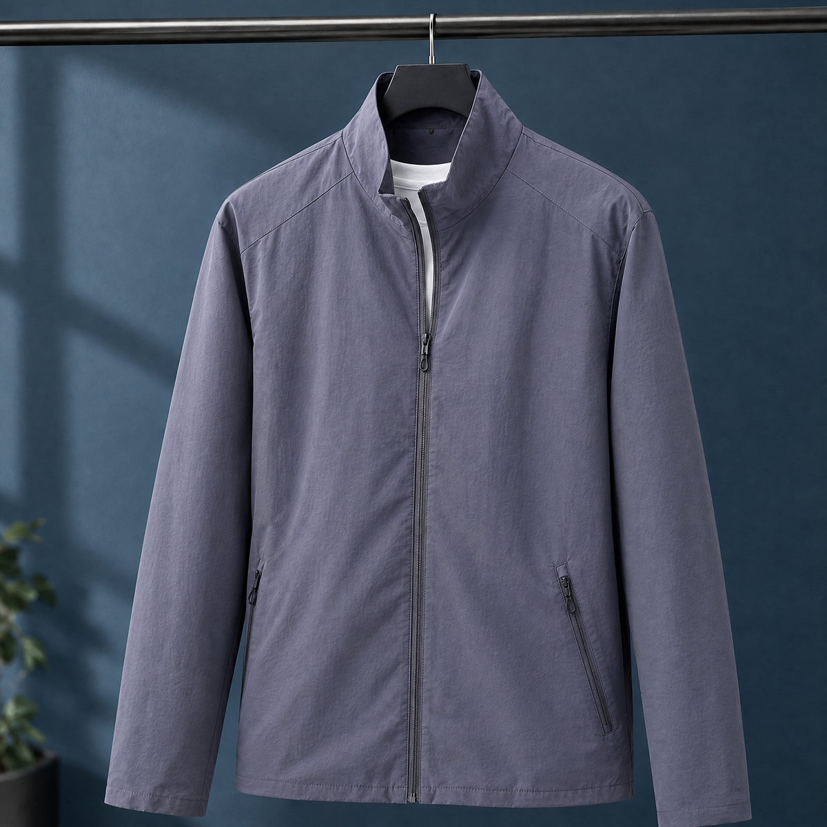 Stand Collar Jacket in Gray showing the fitted shape and angled zip pocket.