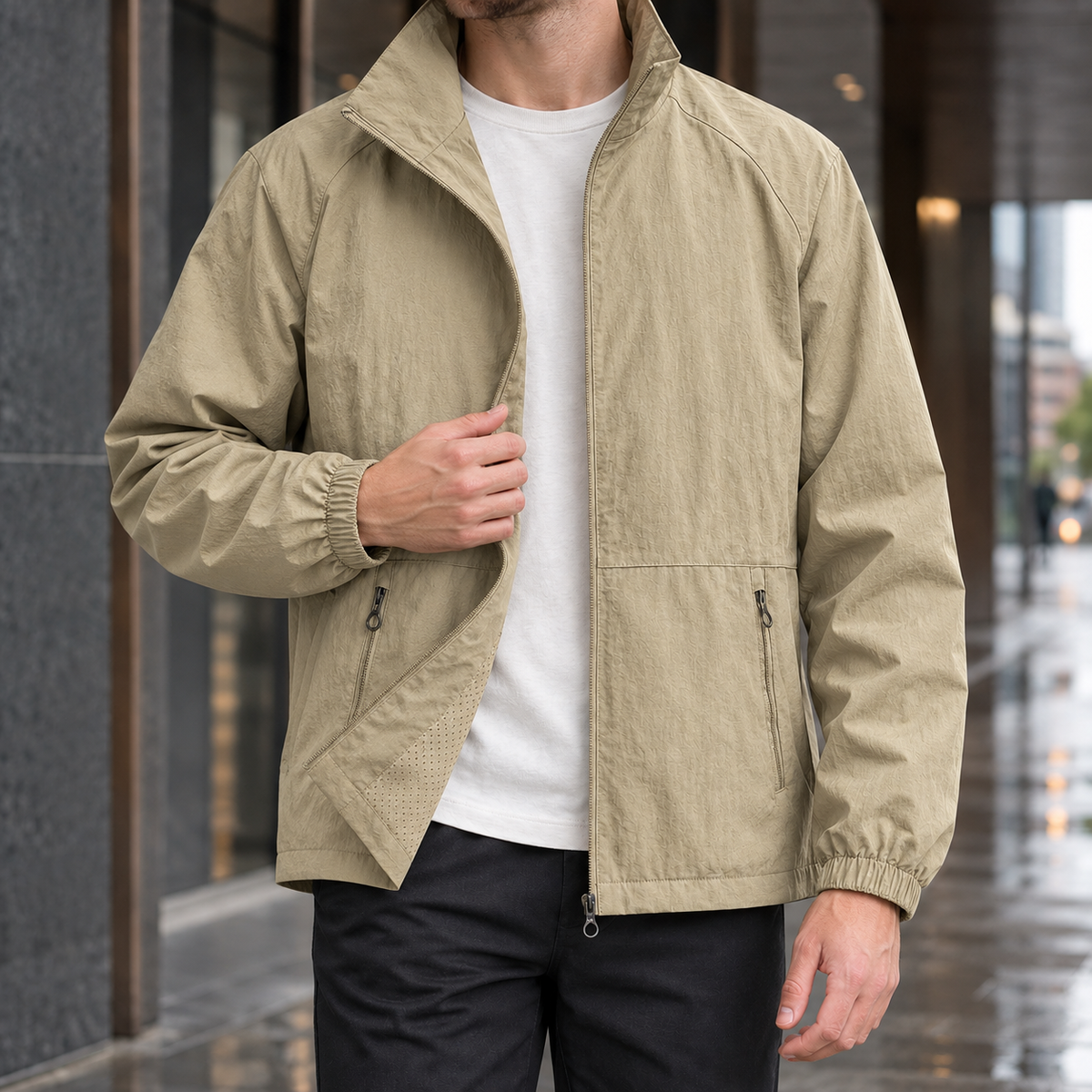 Stand Collar Jacket in Khaki showing the tall collar and zipped front pockets.