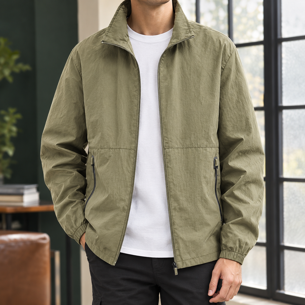 Stand Collar Jacket in Khaki showing the stand collar and two zipped pockets.