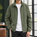 Stand Collar Jacket in Army Green showing the stand collar and two zipped pockets.