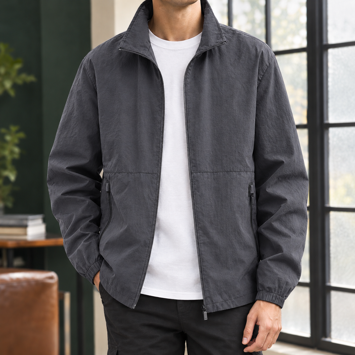 Stand Collar Jacket in Dark Gray showing the stand collar and two zipped pockets.
