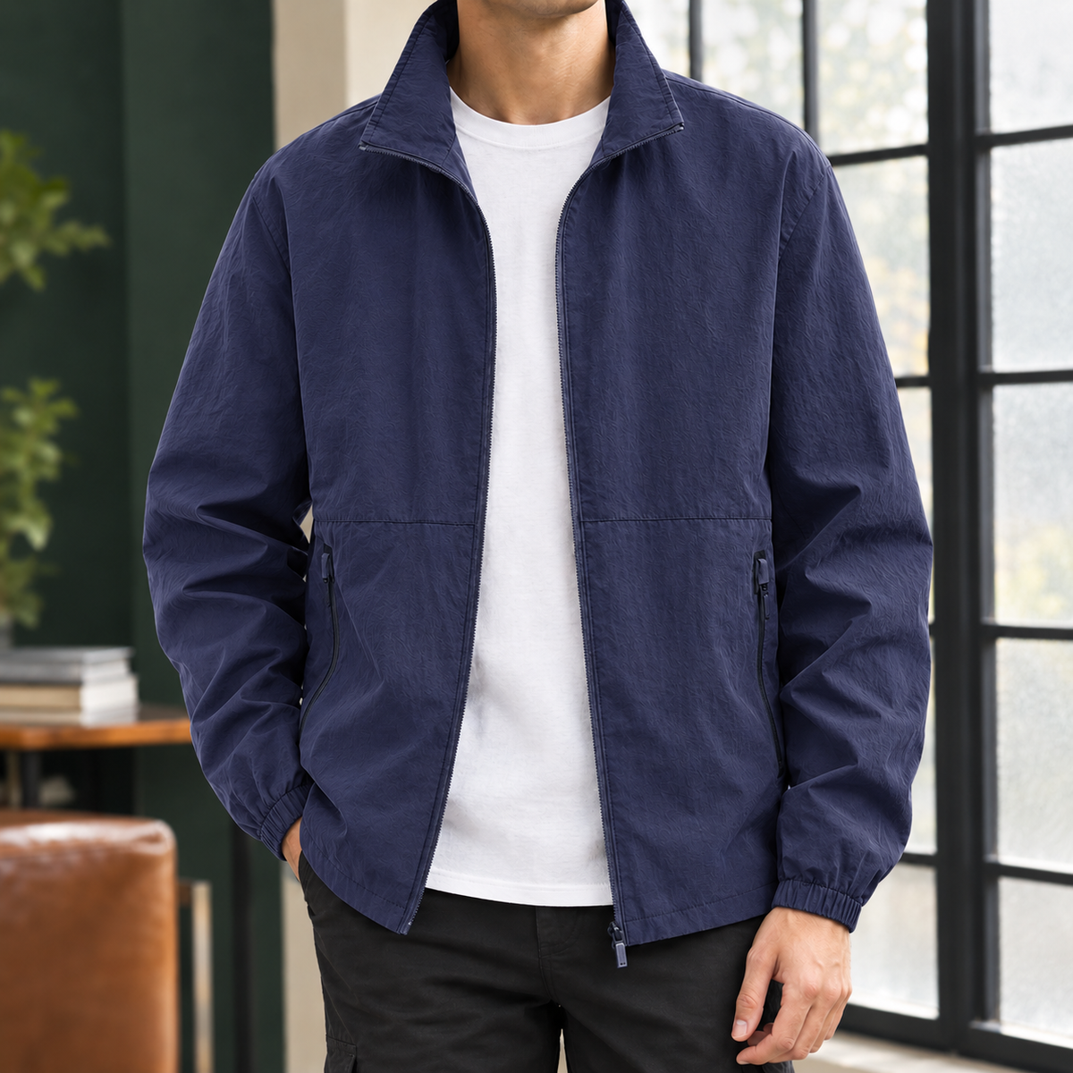 Stand Collar Jacket in Dark Blue showing the stand collar and two zipped pockets.