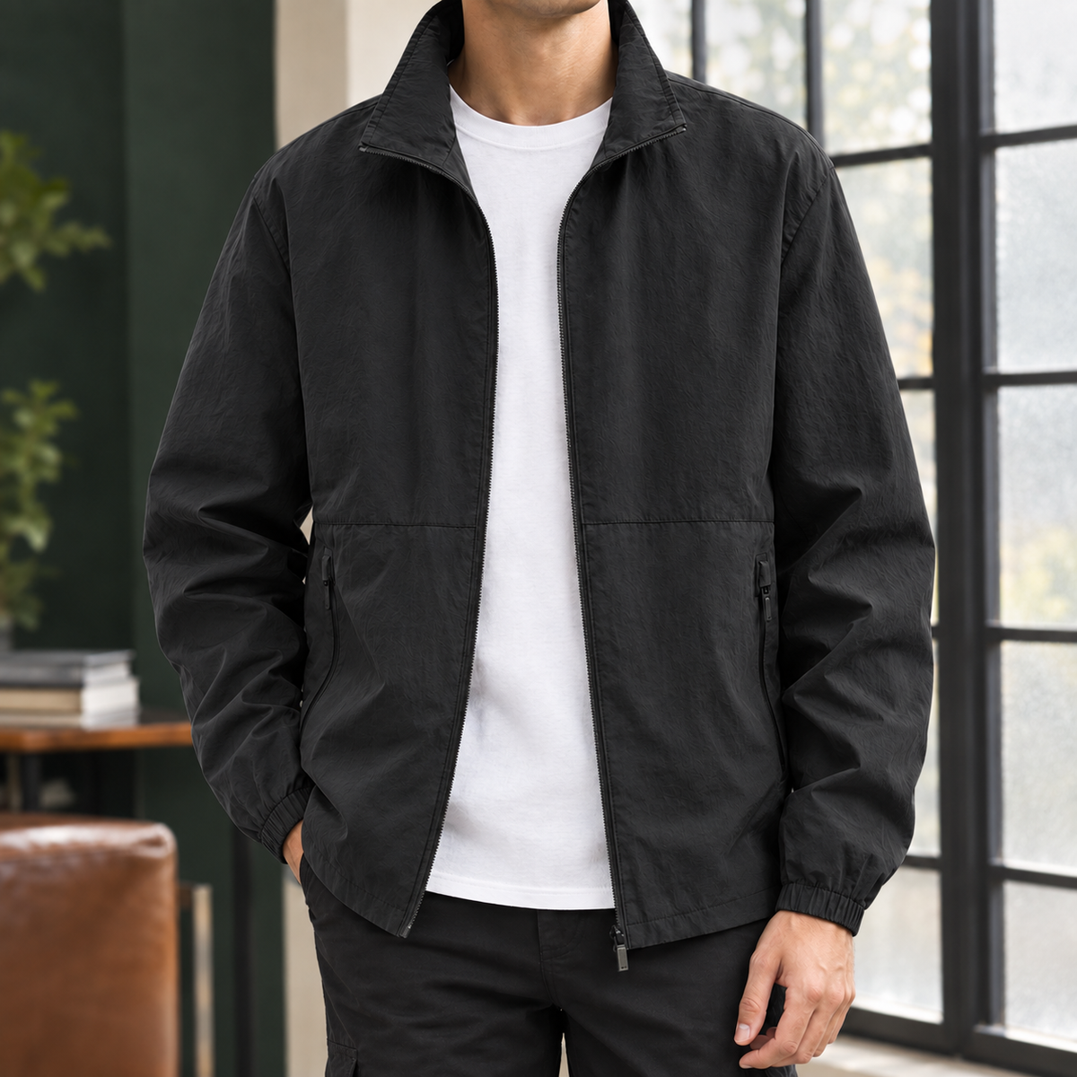 Stand Collar Jacket in Black showing the stand collar and two zipped pockets.